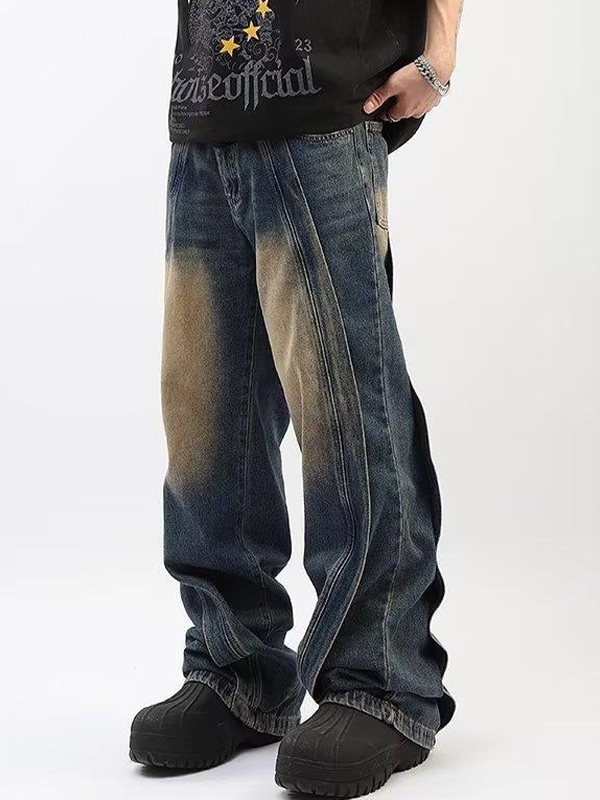 Verwaschene, lockere Patchwork-Jeans für Herren-1